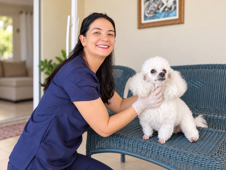 Veterinária sorrindo ao lado de um cachorro branco, apoiando-o com as mãos enluvadas.