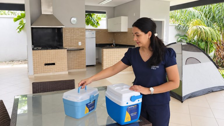 Veterinária da CentroPrev organizando duas caixas de equipamentos sobre uma mesa durante atendimento domiciliar.